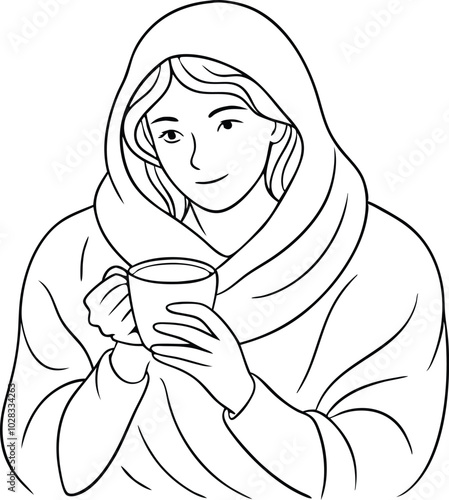 Cozy Woman Wrapped in Blanket, Sipping Coffee Continuous Line Art Illustration on white background.