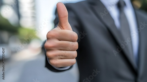 Close-up of a man's hand giving a thumbs up gesture.