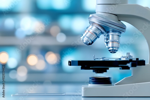 Close-up of an advanced microscope in use, highlighting the precision and technology behind medical research. In the background is a blurred laboratory with a blue color theme