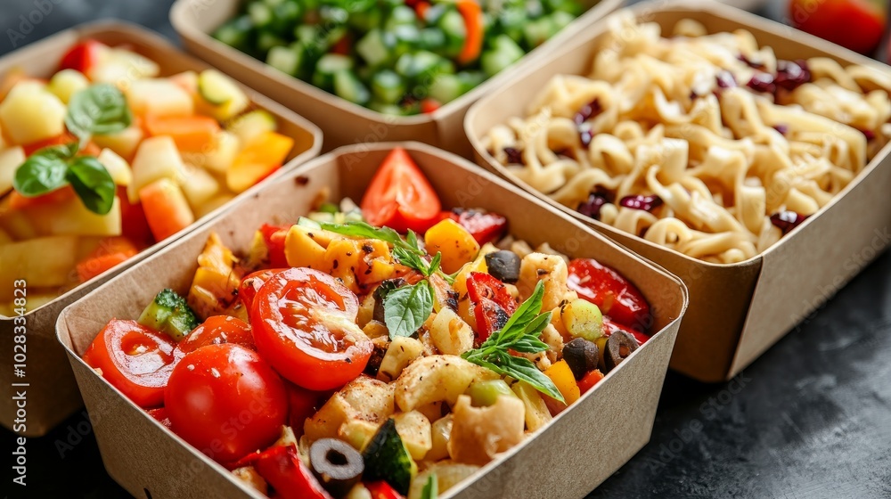 A close-up picture of a daily menu featuring organic fresh meals and smoothies, a fork and knife, and a paper eco bag serving as a food delivery courier service at home or in the office, representing A close-up picture of a daily menu featuring organic fresh meals and smoothies, a fork and knife, and a paper eco bag serving as a food delivery courier service at home or in the office, representing