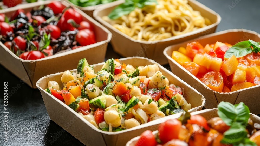 A close-up picture of a daily menu featuring organic fresh meals and smoothies, a fork and knife, and a paper eco bag serving as a food delivery courier service at home or in the office, representing A close-up picture of a daily menu featuring organic fresh meals and smoothies, a fork and knife, and a paper eco bag serving as a food delivery courier service at home or in the office, representing