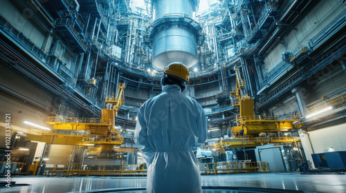 nuclear engineer in protective gear stands in large industrial facility, observing intricate machinery and structures around them. environment is filled with advanced technology and safety measures,