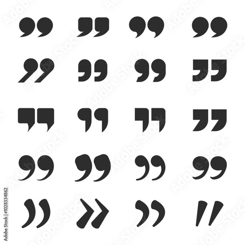 A collection of quotation mark icons.  black quote mark. symbol of discussion or dialog sign. Clip art quotes mark element. white background