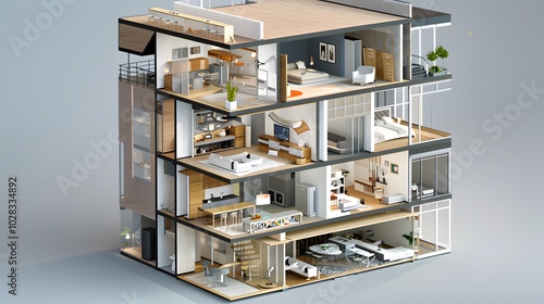 Isometric Cutaway of Urban Apartment: An isometric view of a multi-story apartment building, with one section cut open to reveal room layouts