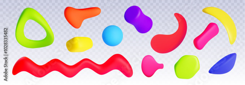 Abstract bright colorful plasticine clay shape. Realistic 3d vector illustration set of cute childish liquid doodle elements for y2k aesthetic design. Trendy geometric fluid balloon decoration.