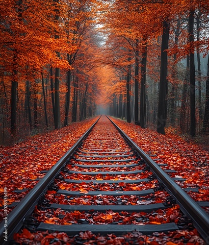 A tranquil railway track, adorned with fallen autumn leaves, winds through a forest of vibrant orange, red, and yellow trees, creating a serene natural atmosphere photo