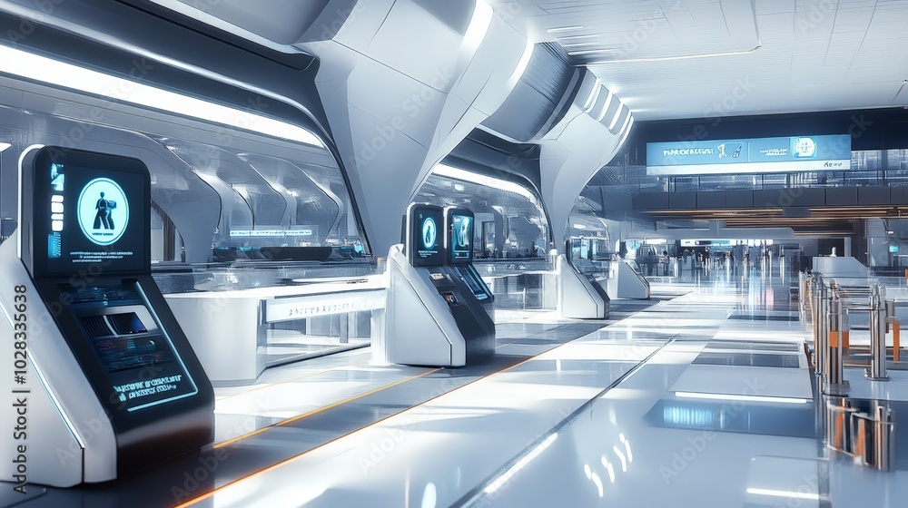 A futuristic airport terminal with biometric security checkpoints and autonomous baggage handling. The streamlined design offers a fast, efficient travel experience for passengers A futuristic airport terminal with biometric security checkpoints and autonomous baggage handling. The streamlined design offers a fast, efficient travel experience for passengers