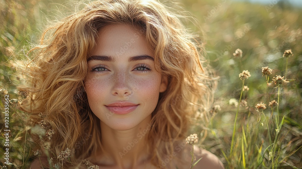 A young woman with curly hair smiles warmly in a sunlit meadow filled with wildflowers during late afternoon A young woman with curly hair smiles warmly in a sunlit meadow filled with wildflowers during late afternoon