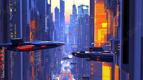 A futuristic 3D cityscape with towering skyscrapers, hovering vehicles, and neon lights. The buildings have sleek, geometric designs that emphasize modern architecture and technology.
