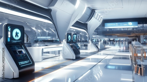 A futuristic airport terminal with biometric security checkpoints and autonomous baggage handling. The streamlined design offers a fast, efficient travel experience for passengers
