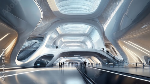 A futuristic airport terminal with biometric security checkpoints and autonomous baggage handling. The streamlined design offers a fast, efficient travel experience for passengers