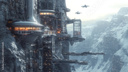 A futuristic city built into the side of a mountain, with sleek, silver buildings cascading down the slopes. A network of flying vehicles and monorails connects the different levels