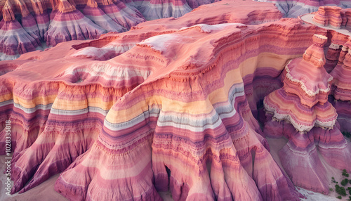 Aerial view of colorful, stratified rock formations in a desert landscape, ideal for geology and Earth Day-related themes