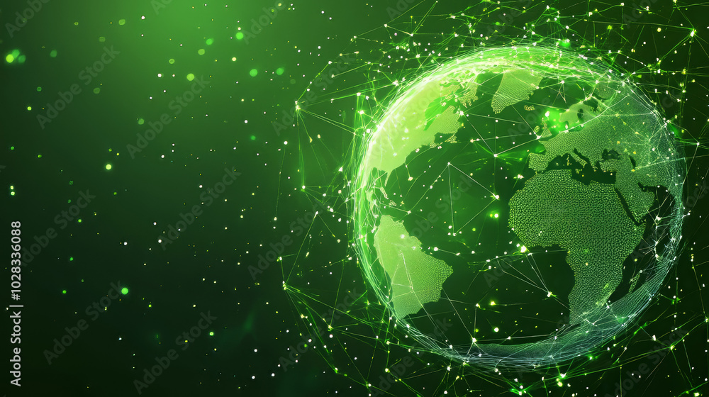 Fototapeta premium Planet map. Global social network. The future. Vector. Green futuristic backdrop with Earth. Technology and the internet. Floating green plexus geometric pattern.