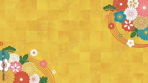 日本の正月背景デザイン／金箔と梅と菊と松