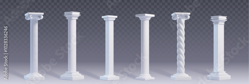 Ancient white marble roman column of different shapes and ornament for Greek architecture building design. 3d vector set of temple and castle pillar elements for facade or porch colonnade decoration
