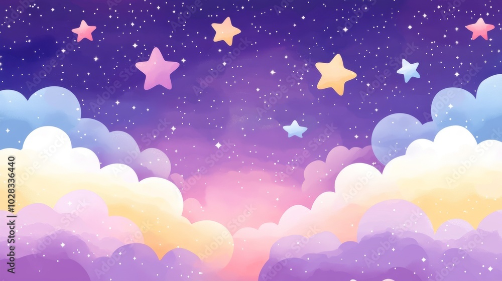 A watercolor illustration of a night sky with clouds and stars in a pastel color palette. A watercolor illustration of a night sky with clouds and stars in a pastel color palette.