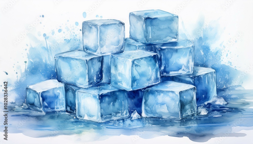 A cluster of ice cubes scattered loosely, some melting with tiny water puddles, painted in p A cluster of ice cubes scattered loosely, some melting with tiny water puddles, painted in p