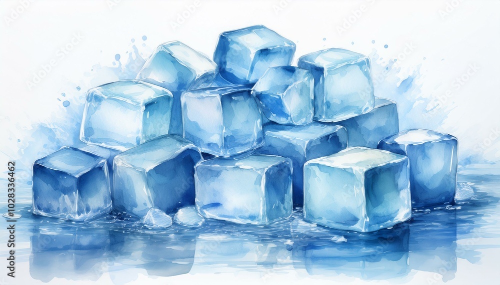 A cluster of ice cubes scattered loosely, some melting with tiny water puddles, painted in p A cluster of ice cubes scattered loosely, some melting with tiny water puddles, painted in p