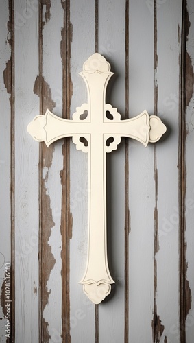 Ornate religious cross on weathered wooden background. photo