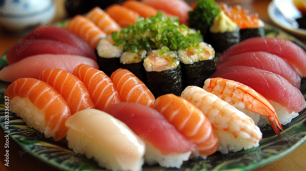 Fresh sushi platter with tuna, salmon, and shrimp nigiri Fresh sushi platter with tuna, salmon, and shrimp nigiri