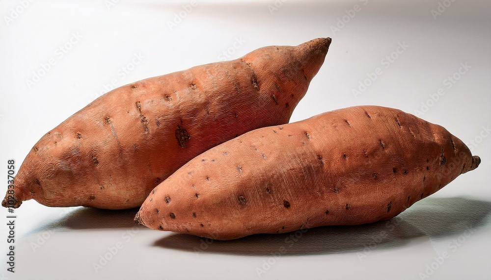 A group of three sweet potatoes, each with varying sizes and shapes, resting naturally on a A group of three sweet potatoes, each with varying sizes and shapes, resting naturally on a