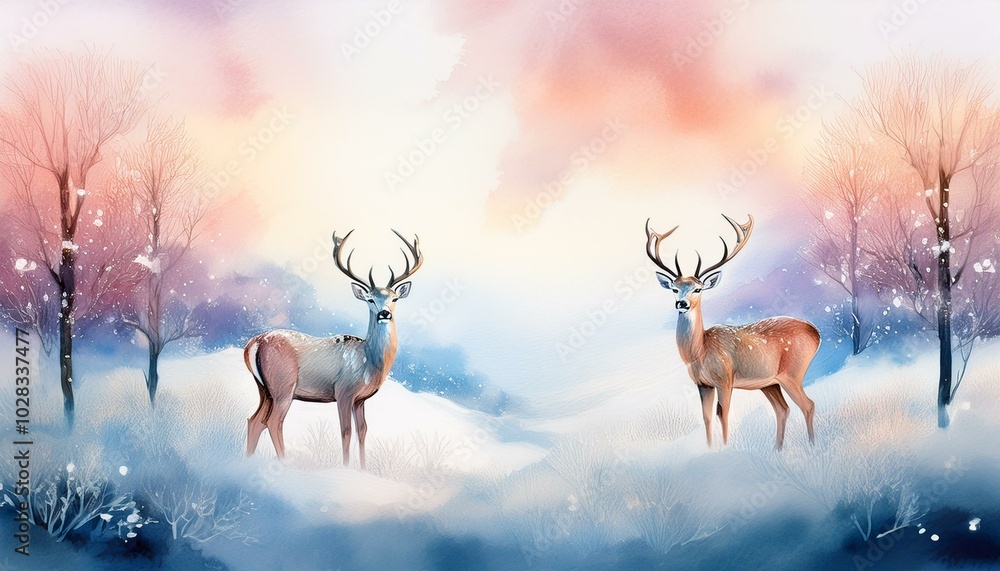 A pair of deer in a snowy meadow, softly painted against a pale sky, with ample negative spa A pair of deer in a snowy meadow, softly painted against a pale sky, with ample negative spa