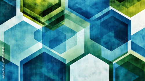 A geometric pattern featuring overlapping hexagons in various shades of blue and green. The clean lines and sharp angles create a sense of symmetry and modernity