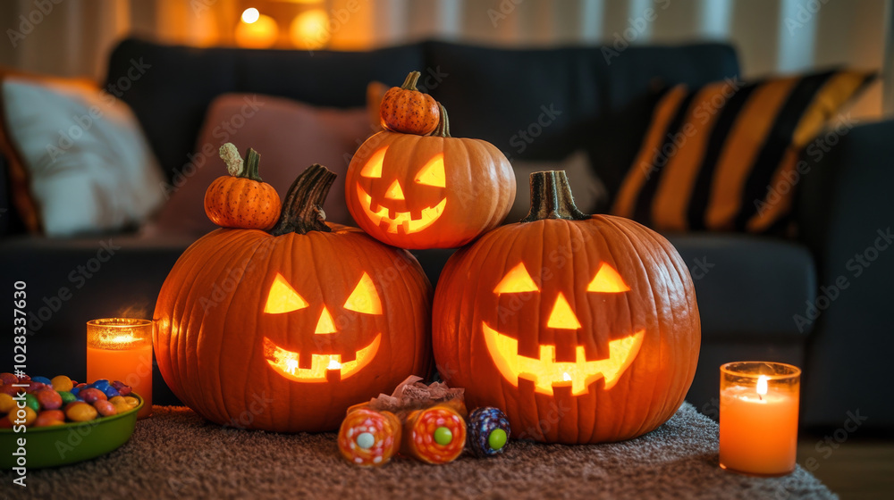 Create an illustration of Halloween pumpkins placed on a table in a dark living room. The pumpkins should be surrounded by candies and lit candles, casting a warm glow and enhancing the spooky ambianc Create an illustration of Halloween pumpkins placed on a table in a dark living room. The pumpkins should be surrounded by candies and lit candles, casting a warm glow and enhancing the spooky ambianc