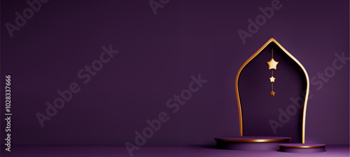 Round podium on Arabic style background. Vector realistic illustration of product presentation platform on luxury Islamic purple backdrop with golden arch and stars, natural beauty cosmetics stage