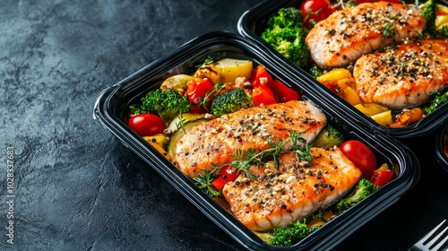 A courier delivering a daily meal plan with a fork and a ready-to-eat healthy food catering menu in lunch boxes with fish and vegetable packages isolated on a black table background. Order concept.