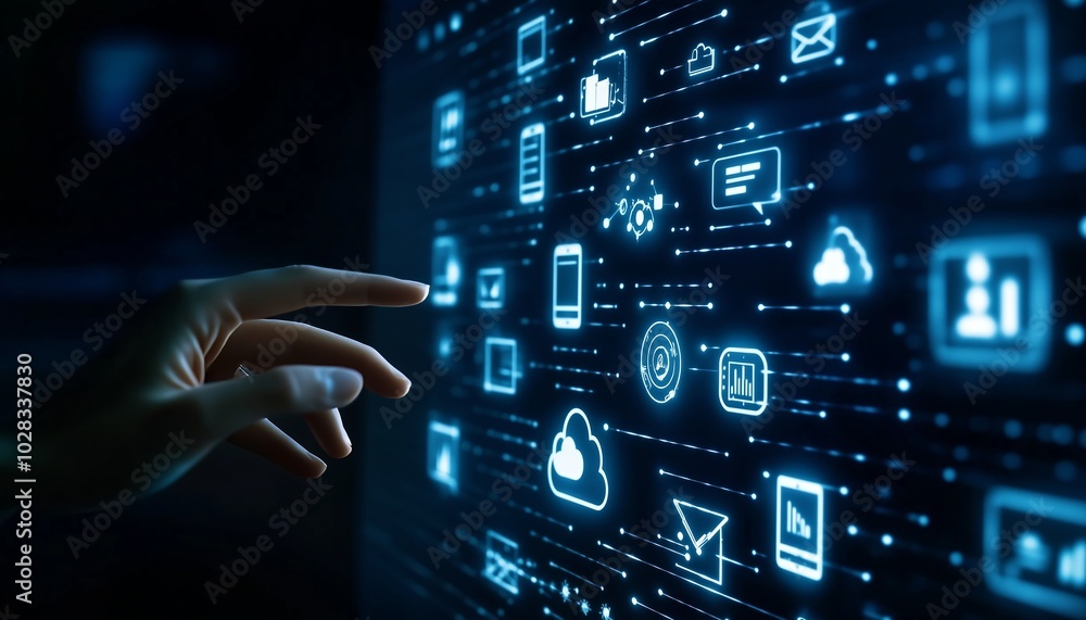 Hand touching a digital screen with icons of technology and online network connection, cloud storage, or security system on a dark blue background
Hand touching a digital screen with icons of technology and online network connection, cloud storage, or security system on a dark blue background