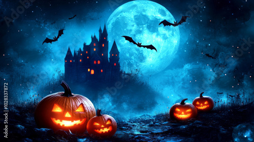 Create an illustration featuring a castle silhouetted against the moon. The scene should include tombstones, bats flying overhead, a witch, creepy trees, an owl, and pumpkins scattered throughout. Cap