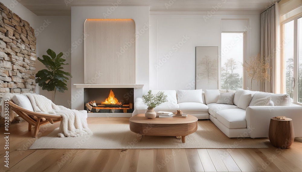 A Scandinavian-inspired living room with a white corner sofa facing a fireplace, accented by A Scandinavian-inspired living room with a white corner sofa facing a fireplace, accented by