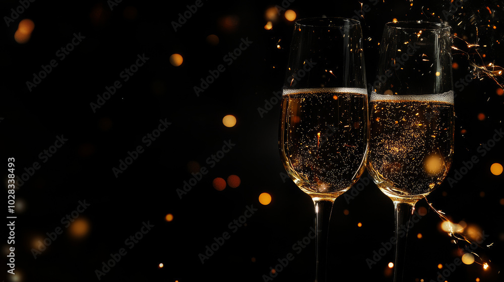 Champagne surrounded by festive sparks of Bengal lights against a black background, ideal for celebrating Christmas or a wedding. Ample space for text.
Champagne surrounded by festive sparks of Bengal lights against a black background, ideal for celebrating Christmas or a wedding. Ample space for text.