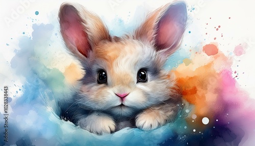 A small baby rabbit with big, round eyes, nestled into a soft ball of fur, ears folded over 