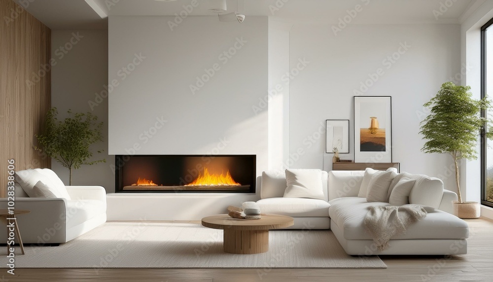 A soft white corner sofa in a modern Scandinavian living room, with an open fireplace to one A soft white corner sofa in a modern Scandinavian living room, with an open fireplace to one