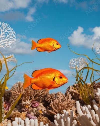 Orange fish swim on coral reefs under sunshine.