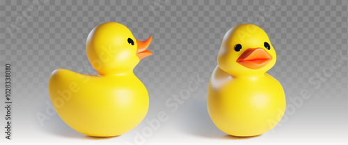 3d yellow rubber duck. Baby bath toy icon realistic vector in plastic style. Cute little ducky render for bathroom for summer play in water. Inflatable toddler game accessory front and side view