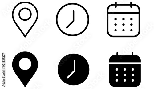 Address location icon. Stopwatch timer icon. Date Calendar icon