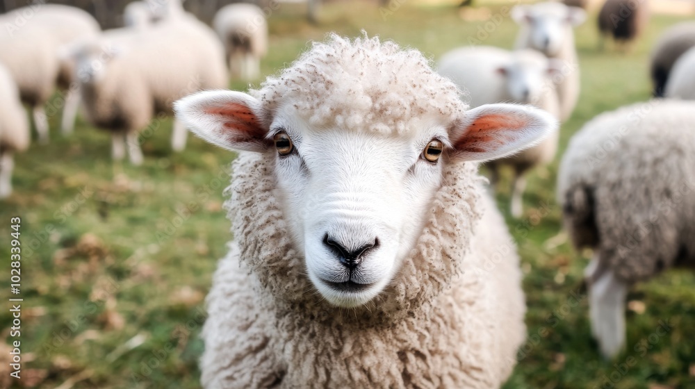A white sheep with brown eyes stares directly at the camera with a group of sheep in the blurry background. A white sheep with brown eyes stares directly at the camera with a group of sheep in the blurry background.