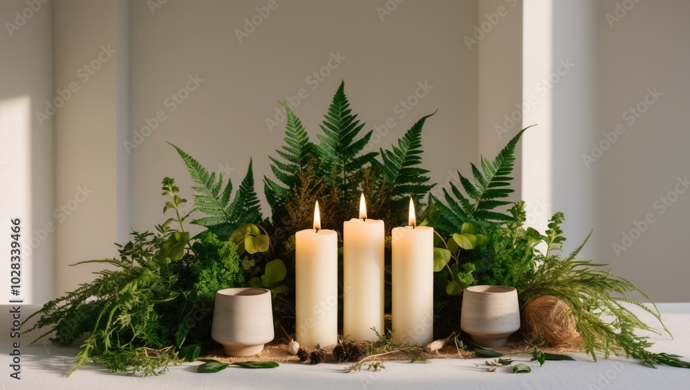 Mystical Herbal Altar with Candles and Botanicals. Mystical Herbal Altar with Candles and Botanicals.