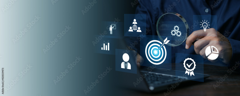 White dartboard and White arrow connection linkage with human icon for customer focus target group and customer relation management concept. White dartboard and White arrow connection linkage with human icon for customer focus target group and customer relation management concept.