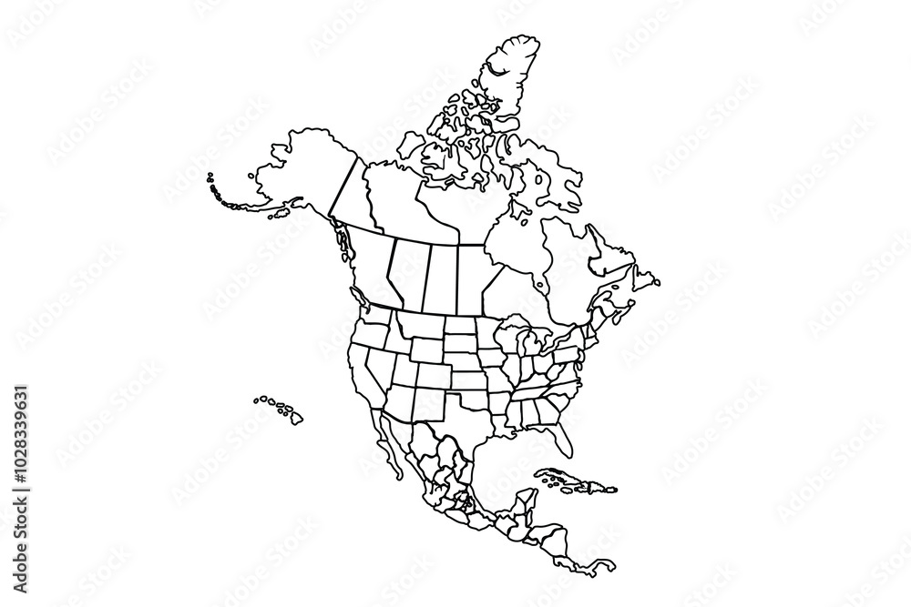 Fototapeta premium Northern America vector map contour silhouette illustration isolated on white background. line art vector illustration, line drawing map.