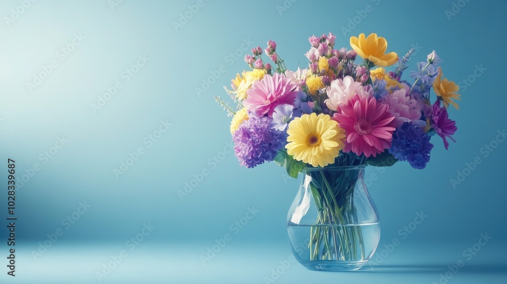 Fototapeta premium A vibrant bouquet of mixed flowers in a glass vase, placed against a simple, minimalist background, ideal for lifestyle and decor images