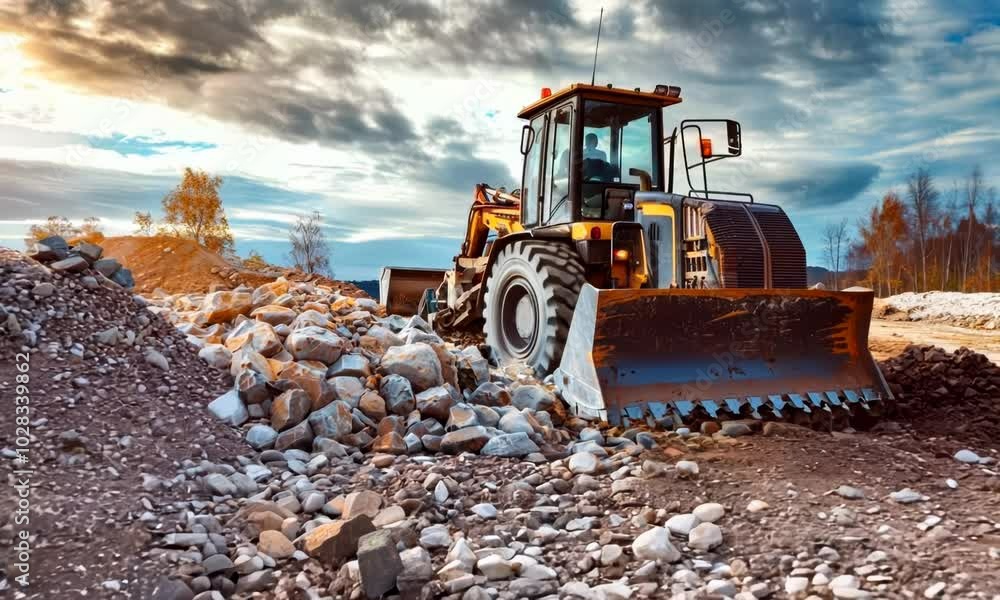 A bulldozer is moving rocks to create a pile at a construction site, preparing the area for the building of a new house or road A bulldozer is moving rocks to create a pile at a construction site, preparing the area for the building of a new house or road
