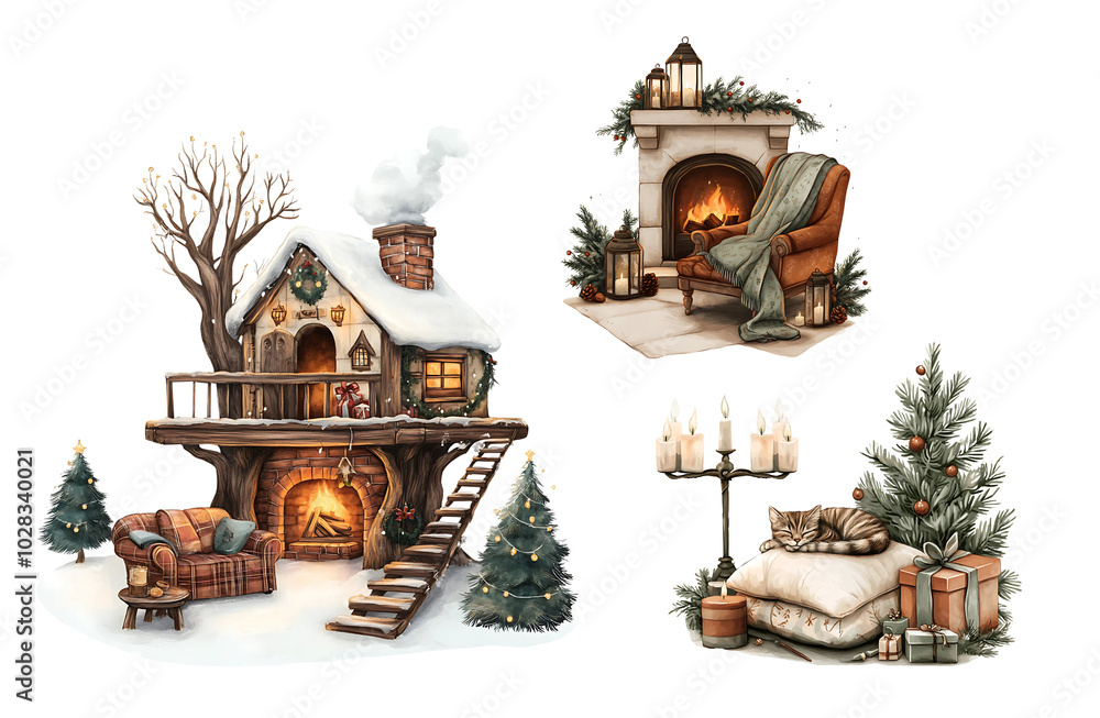 Clipart cozy tree house with Christmas trees around. Pleasant New Year's colors on a white background, PNG Clipart cozy tree house with Christmas trees around. Pleasant New Year's colors on a white background, PNG