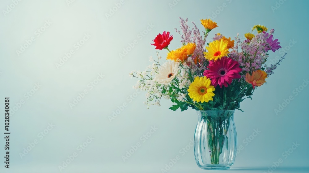 A beautiful mix of colorful flowers in a glass vase, arranged on a minimalist background, perfect for stylish lifestyle imagery A beautiful mix of colorful flowers in a glass vase, arranged on a minimalist background, perfect for stylish lifestyle imagery