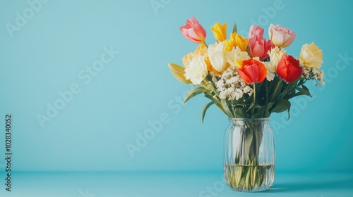 A beautiful mix of colorful flowers in a glass vase, placed on a minimalist surface, creating a vibrant and fresh lifestyle image