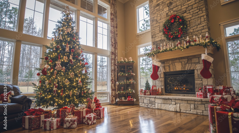 A Christmas tree decorated with sparkling lights and surrounded by gifts, set inside a cozy home with a glowing fireplace. The scene creates a warm, festive atmosphere, perfect for holiday celebration A Christmas tree decorated with sparkling lights and surrounded by gifts, set inside a cozy home with a glowing fireplace. The scene creates a warm, festive atmosphere, perfect for holiday celebration